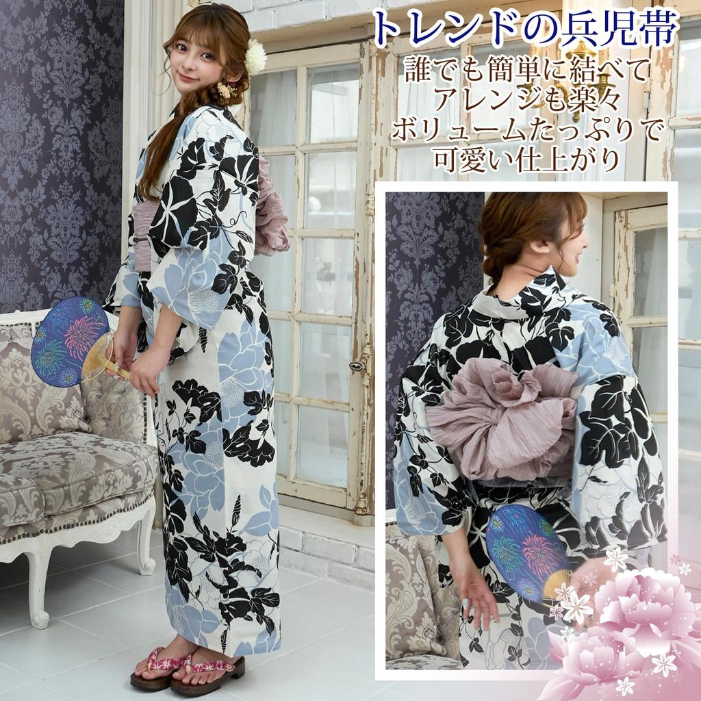 RAVIR Yukata Set with Morning and Gray Camellia Fluffy Obi and Geta One Size Fits All Women's 3-Piece White, Black, Glory, Patterns, Belt, Sandals,