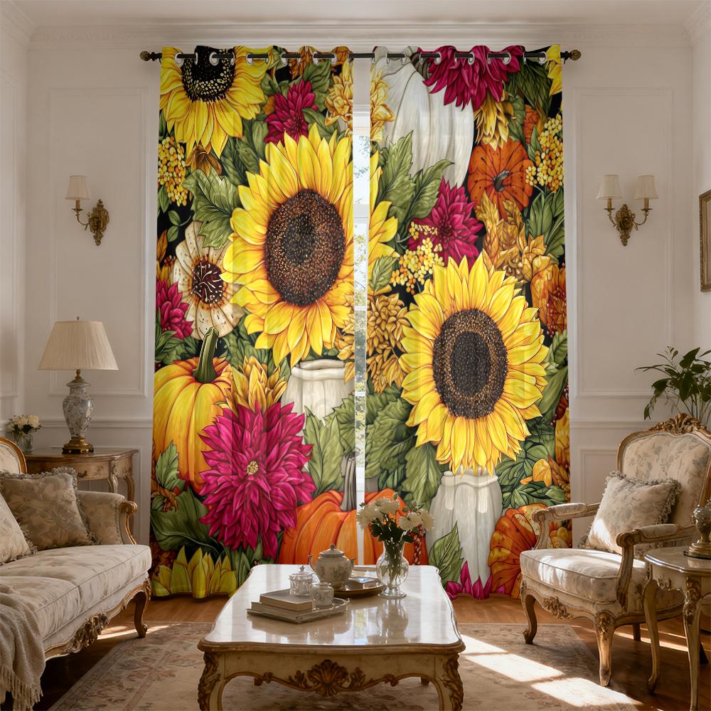 2pcs Autumn Sunflower and Pumpkin Floral Print Double Curtains Living Room and Bedroom, Perfect for Blocking Out Light