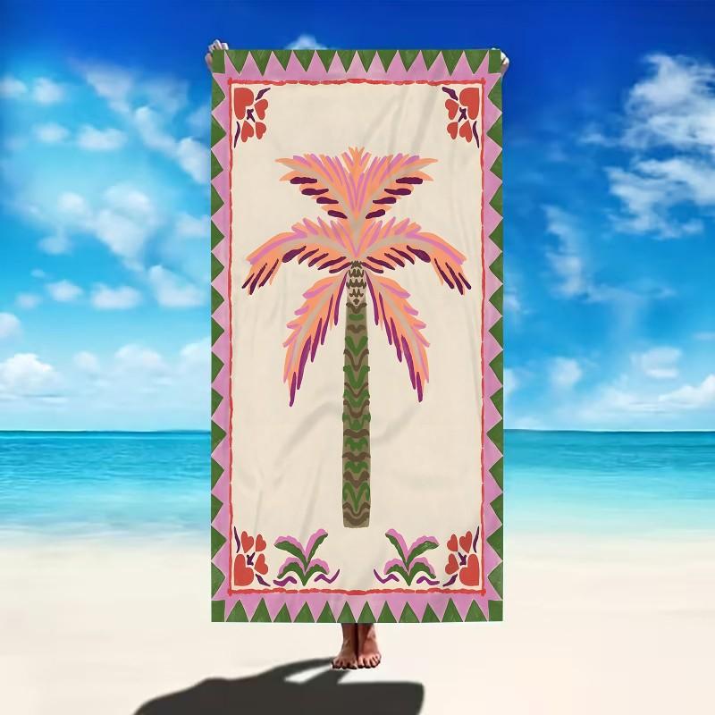 Boho Tropical Folk Style Framed Palm Tree Geometric Border Print Quick Dry Absorbent Microfiber Outdoor Beach Towel