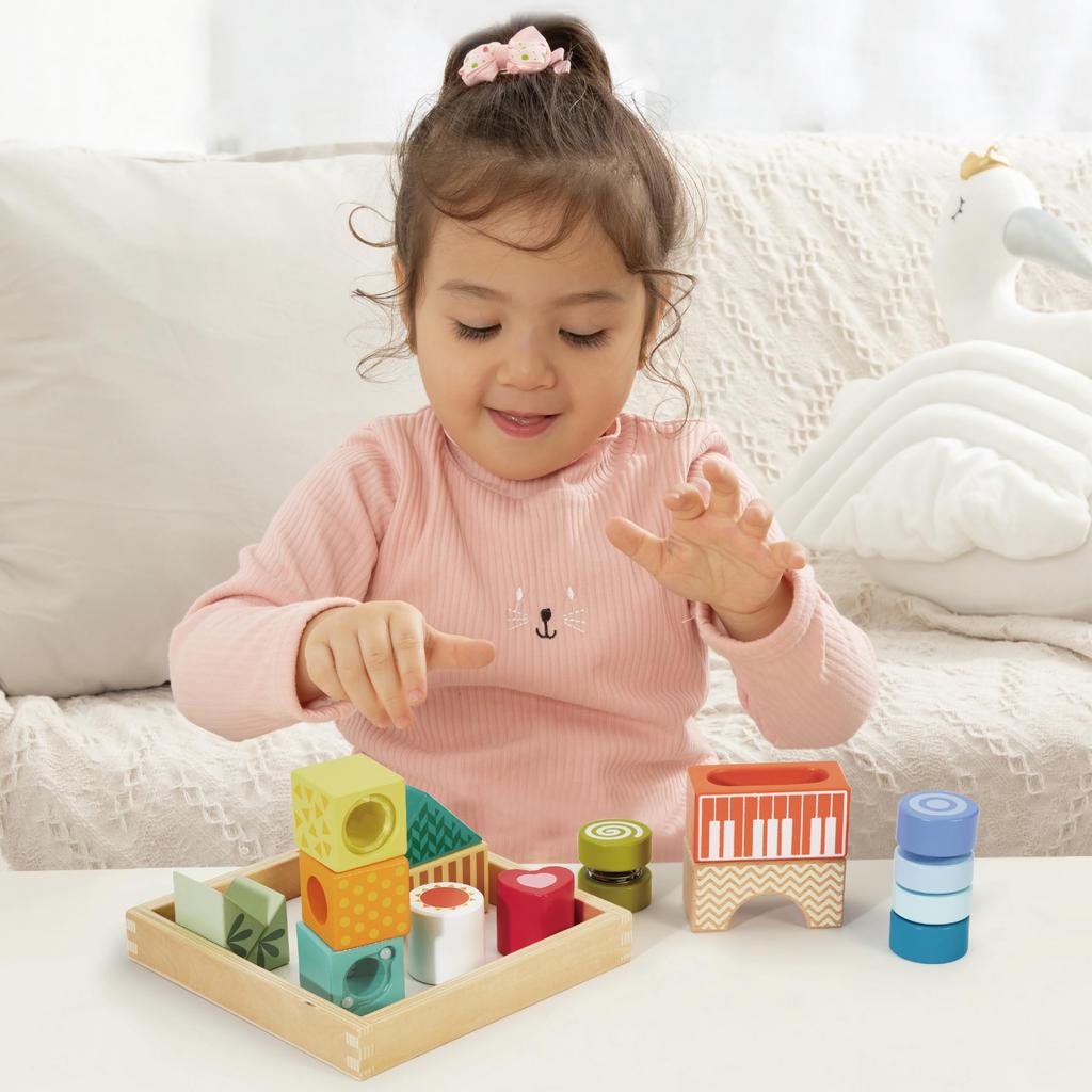 Classic World Exploration Blocks, Wooden Building Blocks with Sound and Mechanisms, Includes Rattle, Perfect for Half Birthdays, Girls, Boys, Babies