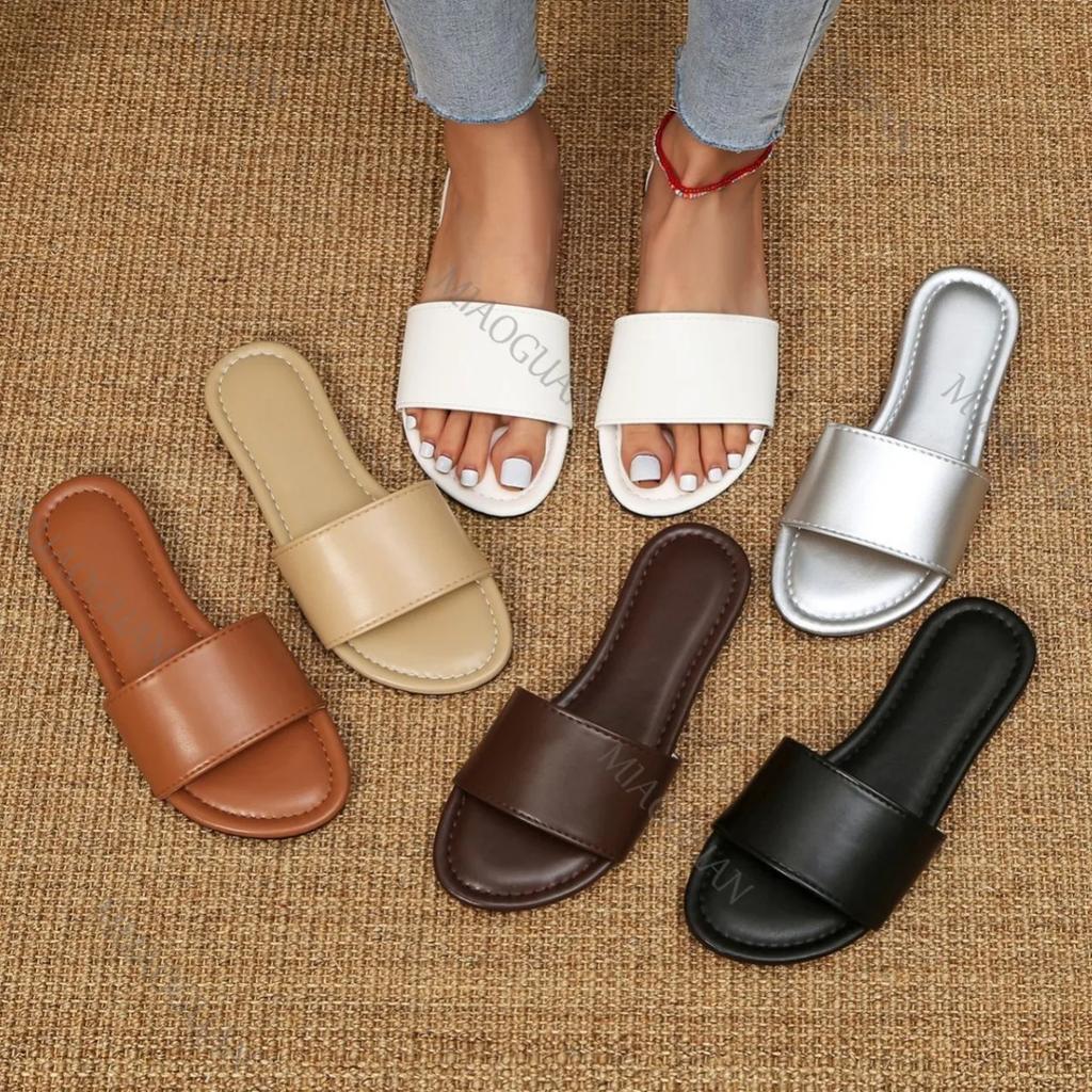 2025 Women Summer Solid Color Flat Slippers Women Casual Home Indoor Slides Shoes Round Toe Slip on Ladies Shoes Plus Size 35-43
