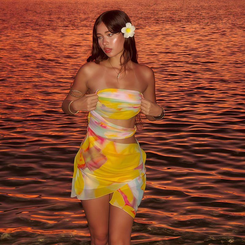 

# Sisjuly# Закат на пляже Эйрен Дофаминовый рендеринг Вырез Асимметричное платье-топ-труба Женское Летнее Yellow L