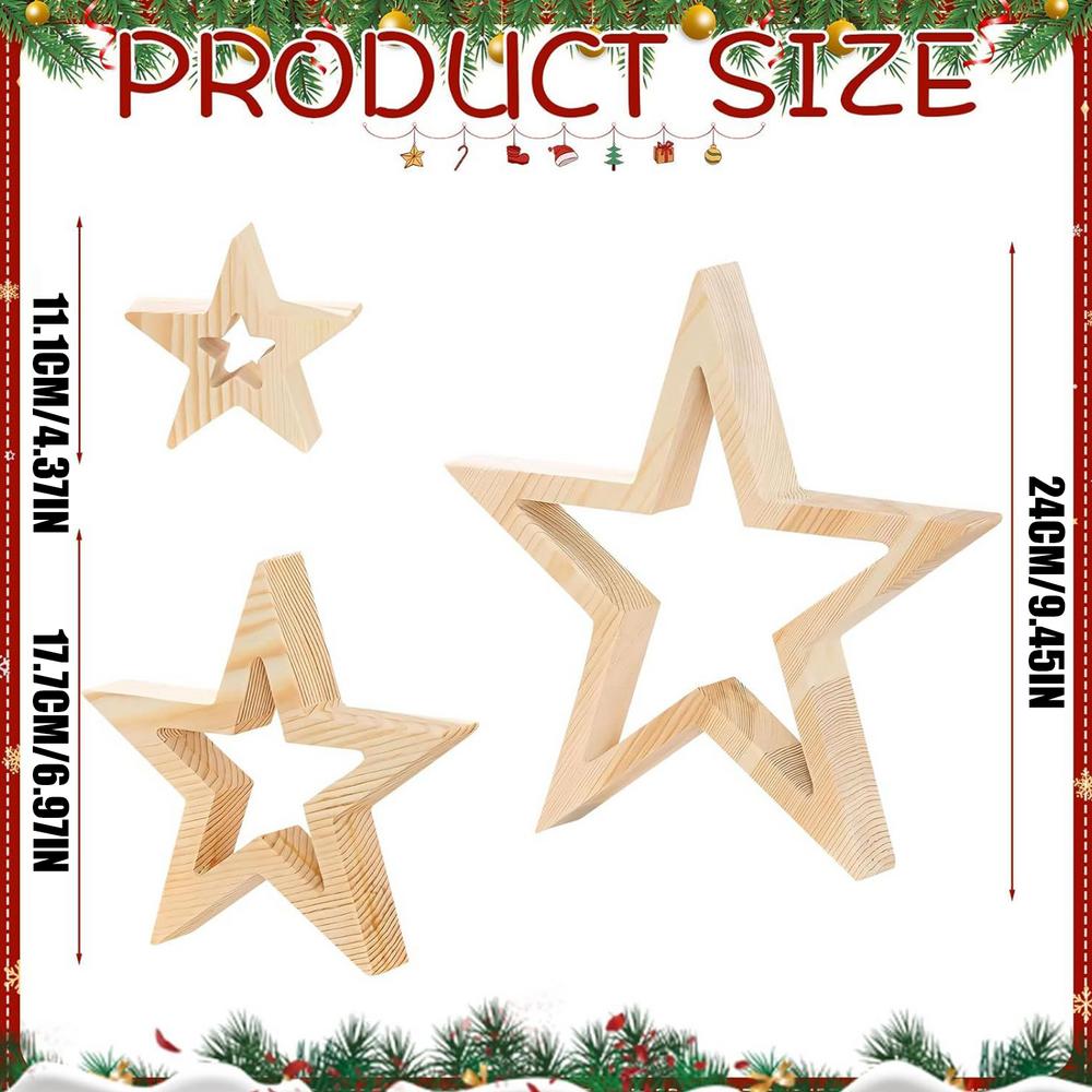 

Christmas Star Table Decor 3 Pieces Farmhouse Holiday Decoration Wooden Star Tabletop Centerpiece Sign for Desk Coffee Table