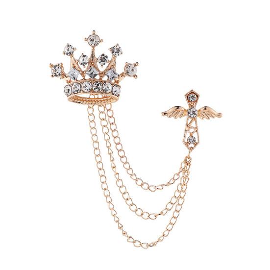 Men's Brooch Pin with Chain, British Crown Cross Angel Lapel Pin, Rhinestone Suit Badge with Tassel Chain for Men, Formal Wedding Party Suit Jacket