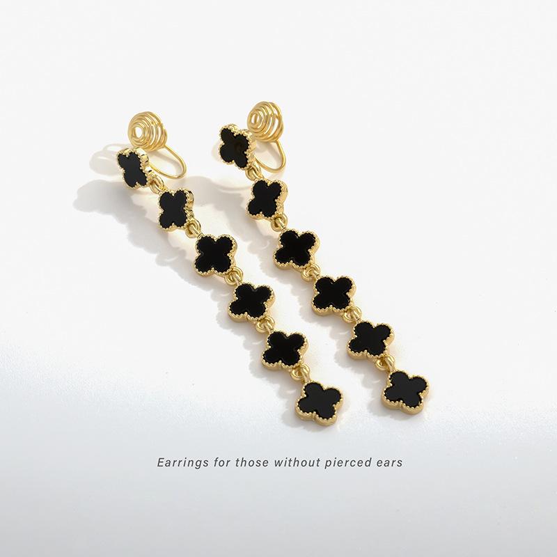Advanced glazed four leaf clover tassel earrings with exquisite, ultra long, personalized ear clips without ear holes