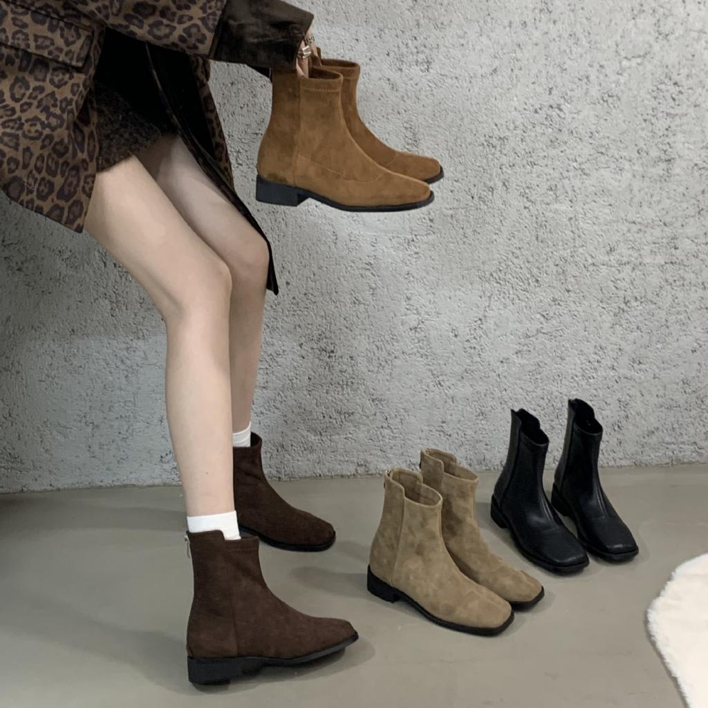 South Korea Dongdaemun Thick Heel Short Boots Women's Thin Boots 2025 Autumn and Winter New Square Head Zipper Commuter Simple Boots