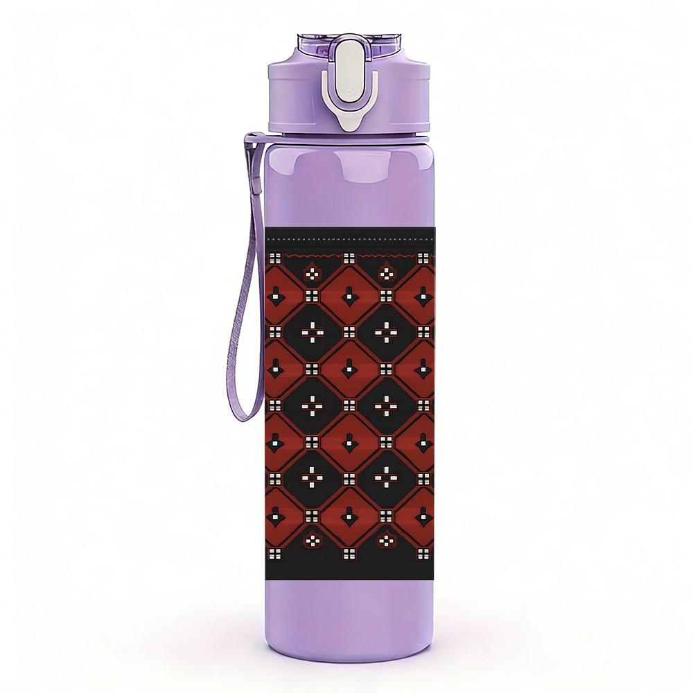 1PC Dark Red Floral Square Texture 750ml Color Plastic Sports Water Bottle Leakproof Flip Straw Lid For Sports Office Home Use