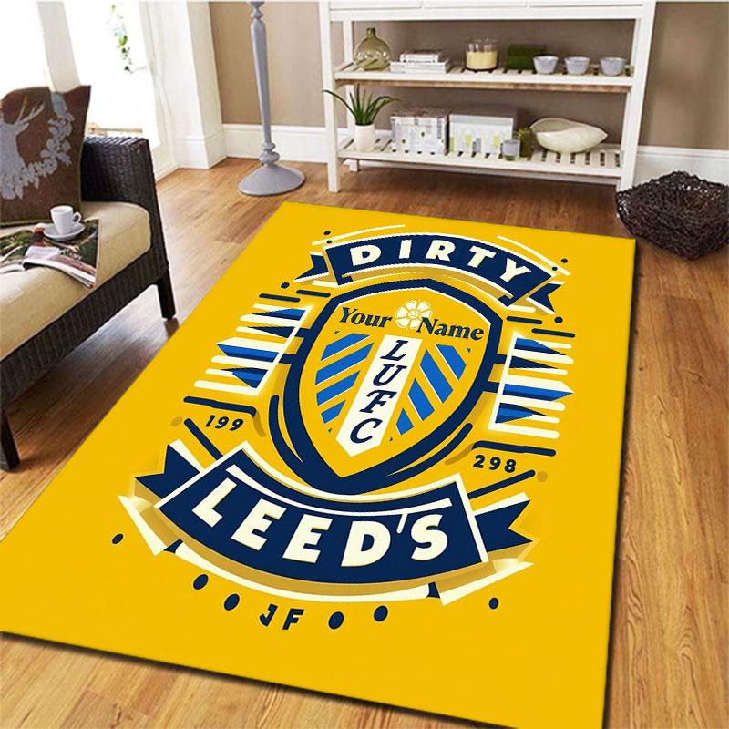 Προσαρμοσμένο Χαλί με Όνομα Leeds United για Σαλόνι, Υπνοδωμάτιο, Διακόσμηση Καναπέ Σπιτιού, Αντιολισθητικό Πατάκι Δαπέδου για Παιχνίδι Παιδιών