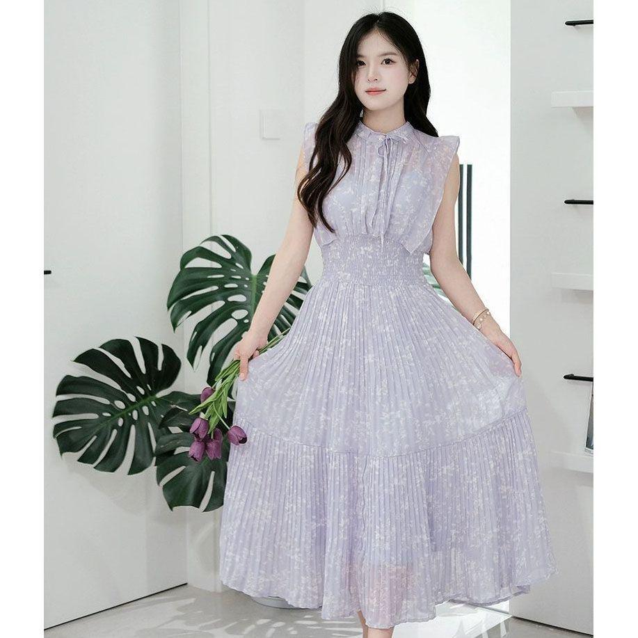 Women s Japanese Summer Maxi Dress: Floral Print, Sweet Ruffle, Flutter Sleeves, Cinched Waist, Pleated, Sleeveless S