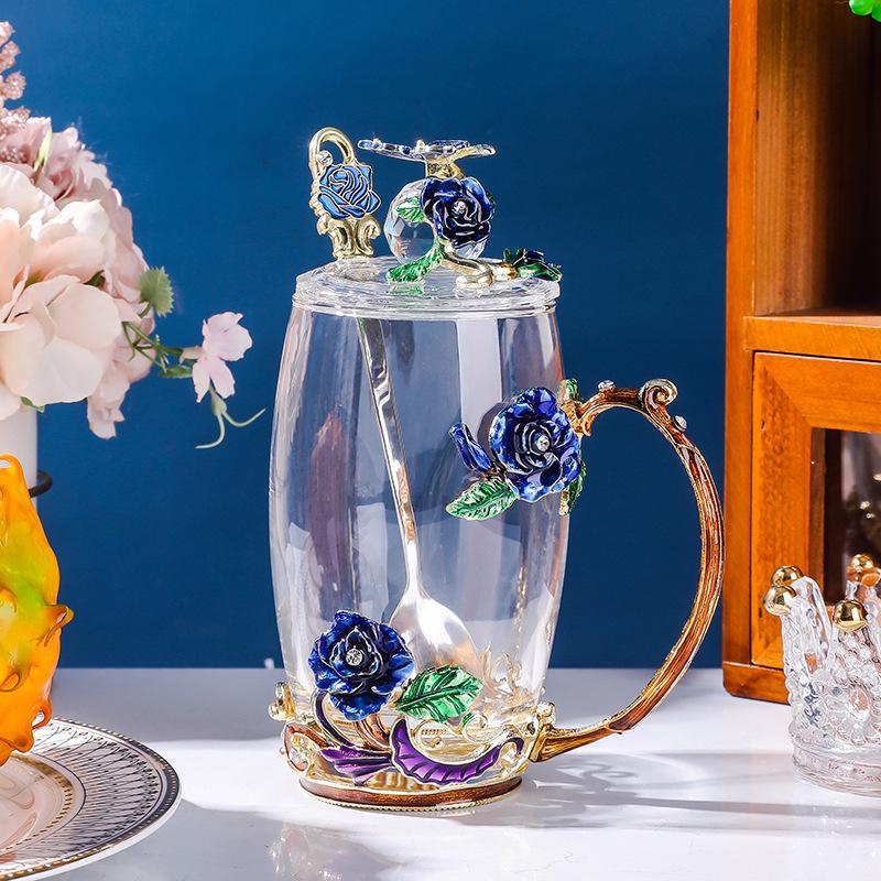 Colored Enamel Flower Glass Tea and Coffee Cup Set for Home and Office