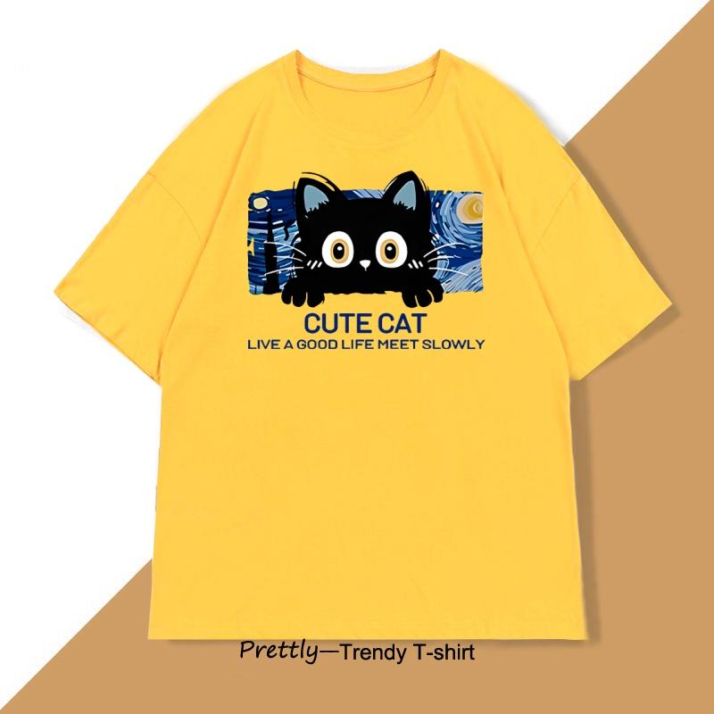 Cute Cat T Shirt Casual Cotton Short Sleeve Round Neck Tshirt Men Women Loose O Neck Male Tee Shirt Oversized Tee Shirt Street
