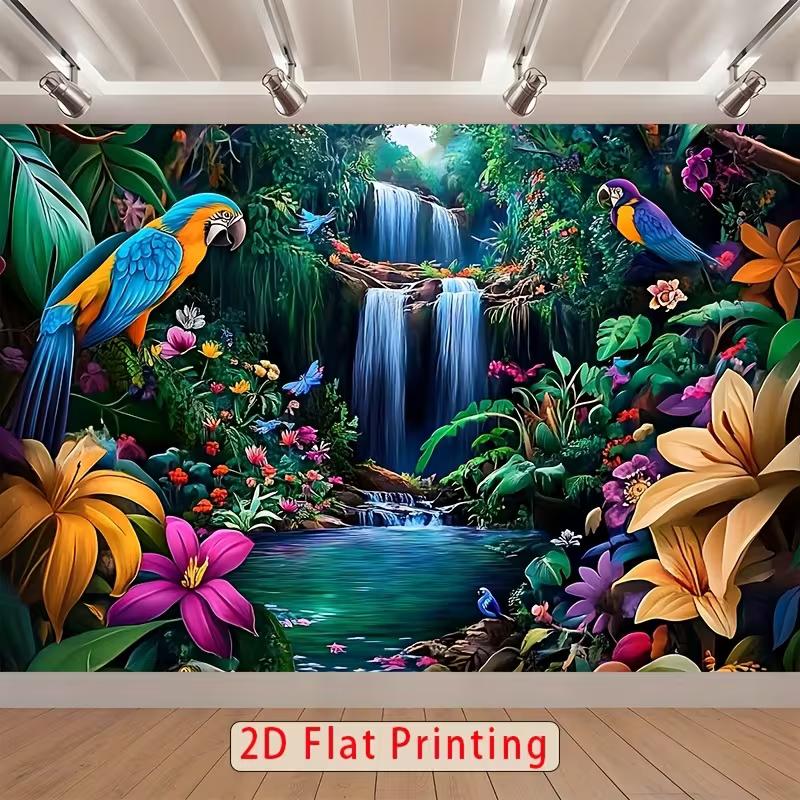 2D Tropical Exotic Backdrop, Parrots, Waterfall & Lush Foliage Background