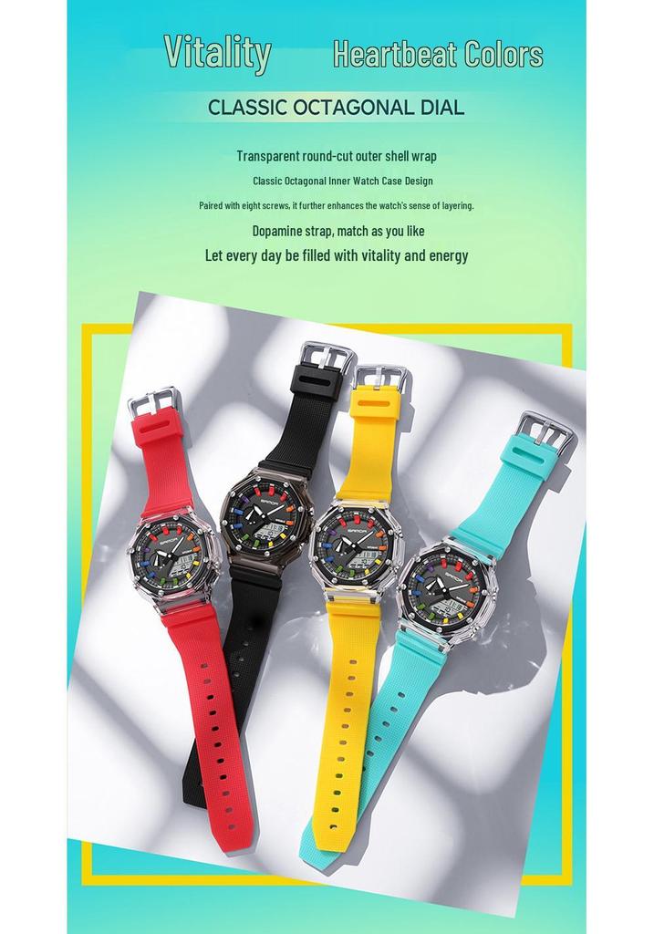 Sanda Octagonal Transparent Multifunctional Waterproof Unisex Wristwatch