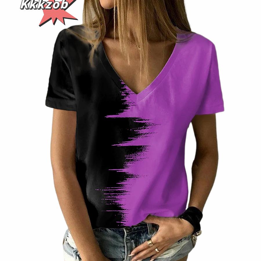 Women's T-Shirt Solid Color Gradient 3D Printing V-Neck Women's Tops Summer Women's Casual Fashion Loose Hundred Short-Sleeved