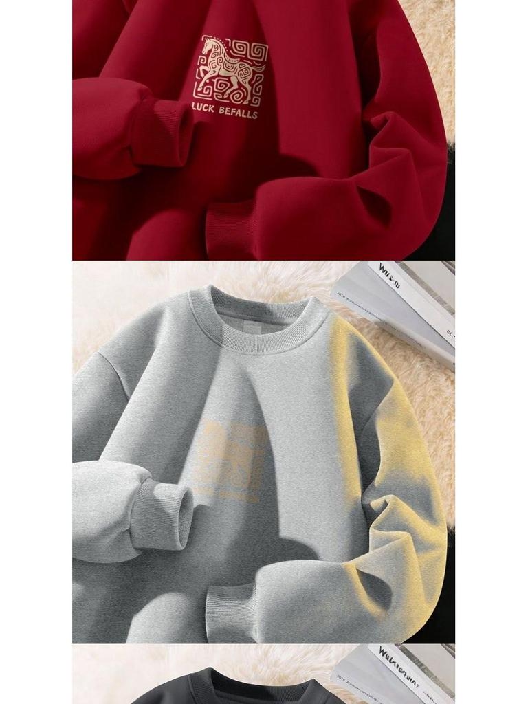 Men's Year of the Horse Red Coral Fleece Hoodie with Velvet Lining - Loose Fit, Pure Cotton, Round Neck