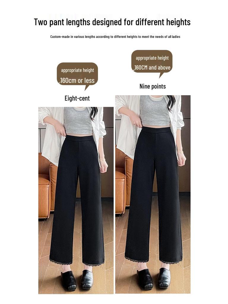 Spring/Summer 2026 High-Waisted Lace Trim Wide-Leg Pants: Women's Petite, Drapey, Eight-Tenths to Nine-Tenths Length.