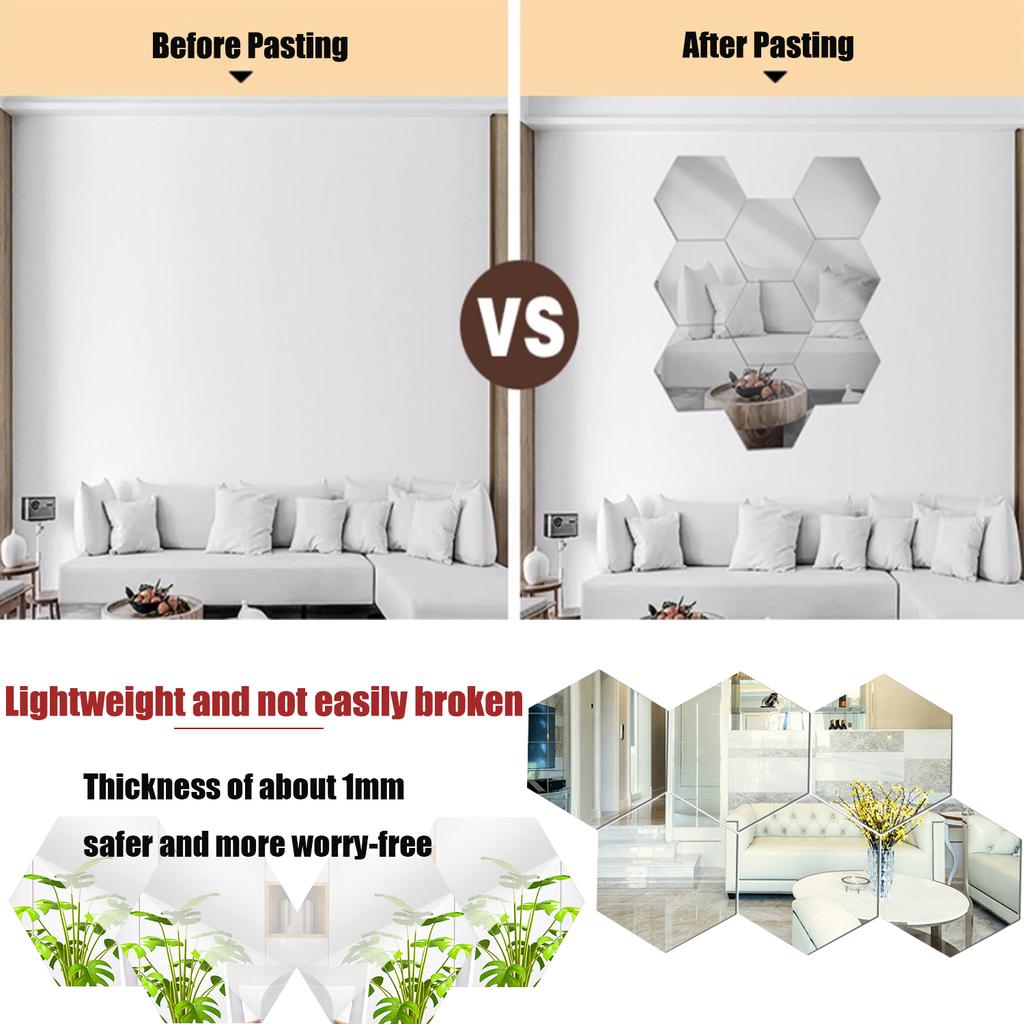 5-20Pcs Silver Hexagon Art Mirror Acrylic Wall Stickers with for DIY Home Art Bedroom Living Room Wall Decoration Diameter 4.6cm-23cm