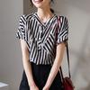100% Mulberry Silk Striped Round Neck Short Sleeved Shirt for Women, Versatile Silk Top for Summer Commuting In 2026