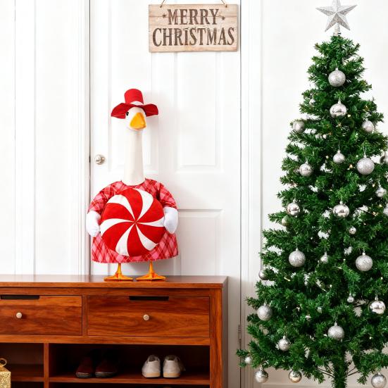 Christmas Goose Outfit Red Formal Hat And Checkered Goose Clothes Xmas Candy Porch Goose Costume for 23 Inch Lawn Geese Statue