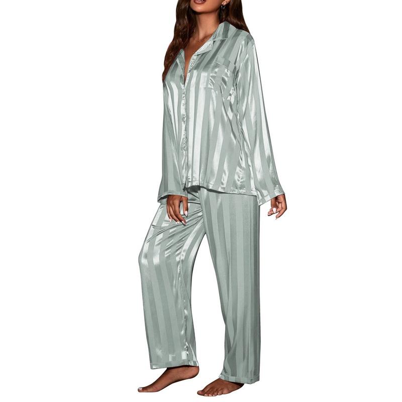 Women's Striped Pajama Set Silk Satin Pajamas Two Piece Set, Comfortable Home Pajamas Roupa Feminina Womens Pyjamas