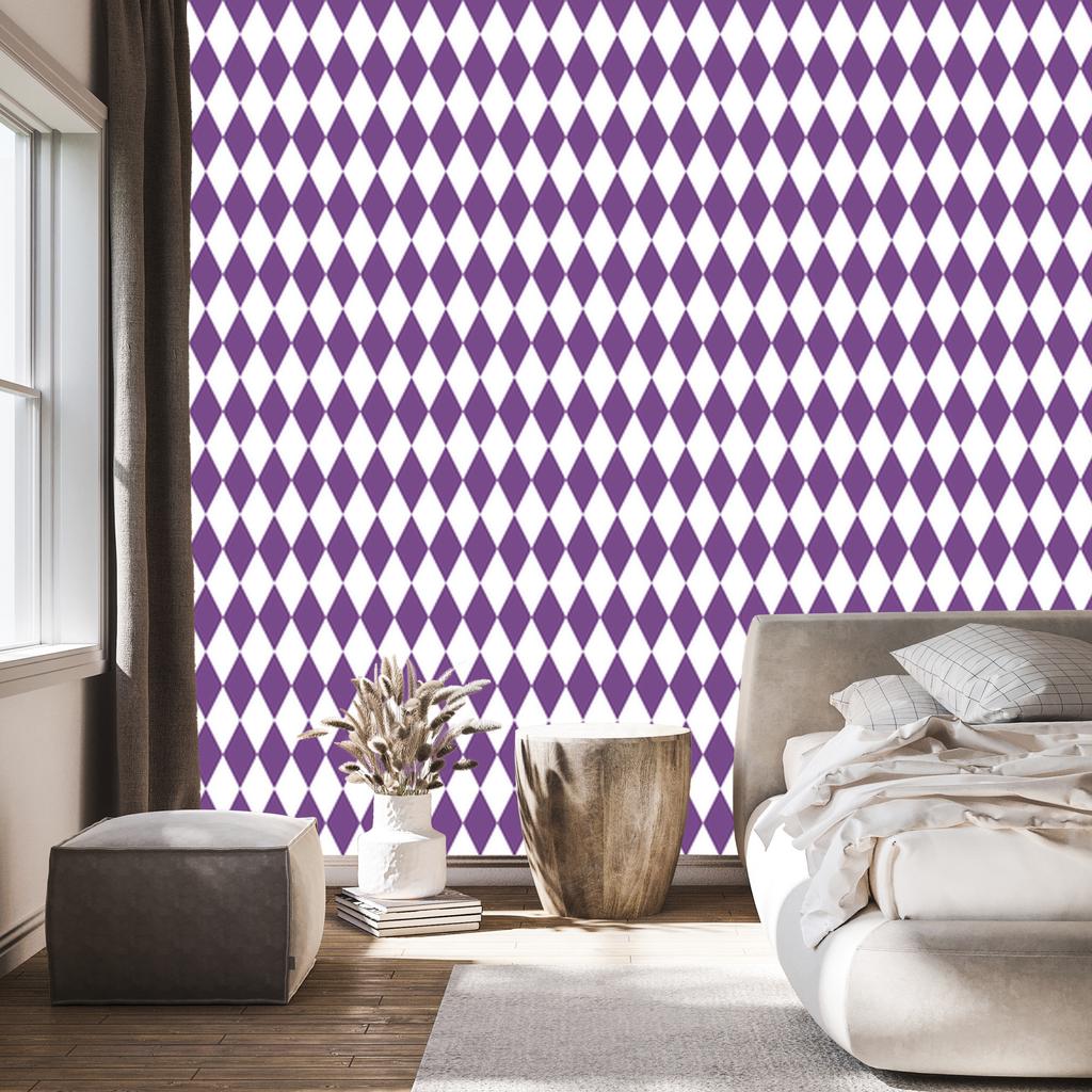 Harlequin Diamonds Wallpaper Purple, Light Gray and White 50x1000