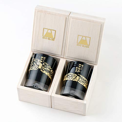 Fuji Glass Tajima Glass Gold Leaf Fuji Cold Sake Cup Black Pair Set of 2 Edo Glass Kiriko Day Day 60th Birthday Celebration Gift Present Fuji Whiskey