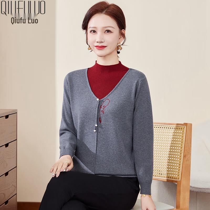 

Women s Faux Two-Piece Wool Blend Half-High Collar Sweater XL