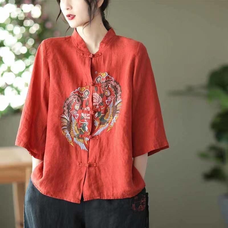 Retro Ethnic Style Embroidered Cotton and Linen Top Women s Button Up Stand Up Collar Loose Plus Size Shirt M красный