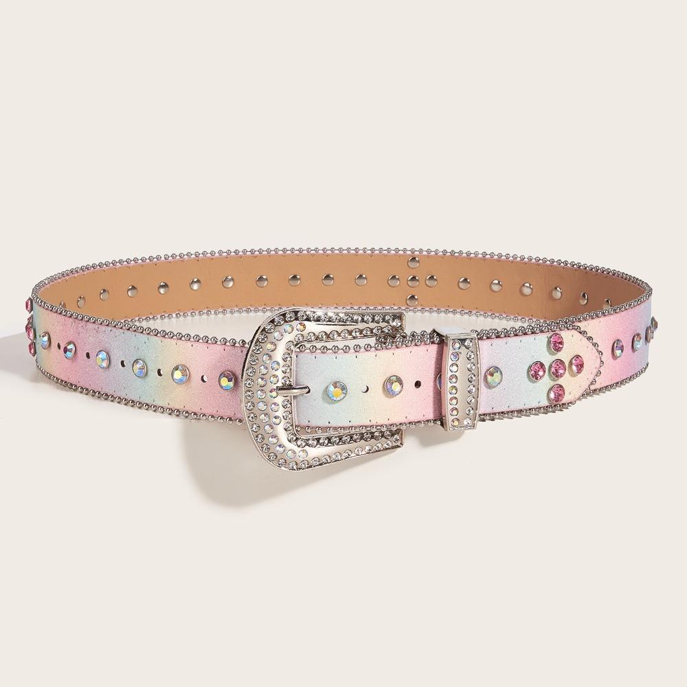 Shiny Retro Y2k Belt Gradient Pink Jeans Waistband Adjustable Rhinestone Waistband  Lady