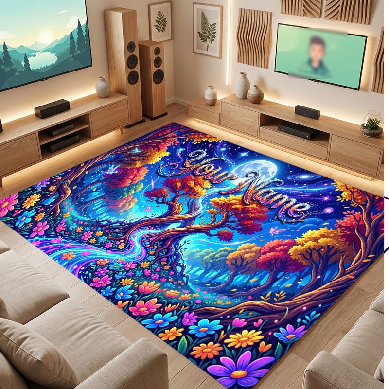 Mushroom Forest Theme Crystal Velvet Floor Rug Personalized Custom Name Text Warm Carpet Home Decoration