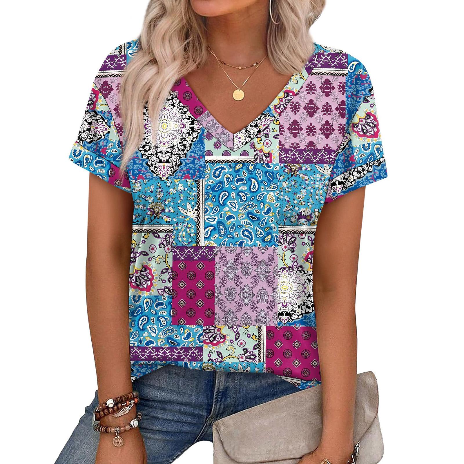 Women V Neck Floral Print Short Sleeve Blouse Pleated Hem Casual Loose Fit Summer Spring Top S