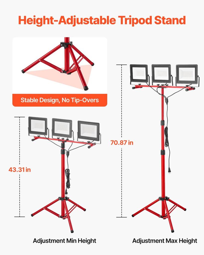 LED Work Light with Stand, 15000 Lumens, Three-Head Portable Camping Light with Individual Switch, Tripod Stand, 3.3 m Power Cord, for Indoor Outdoor