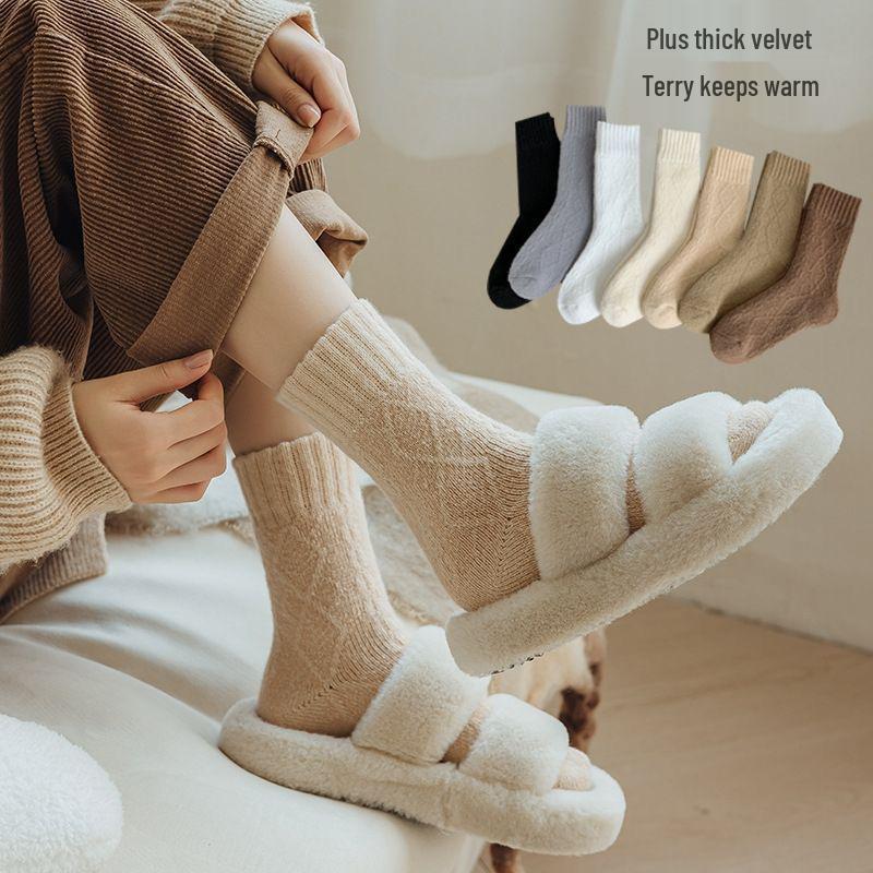 Women's Thickened Plush Mid-Calf Terry Socks - Autumn/Winter Warmth & Cold Protection