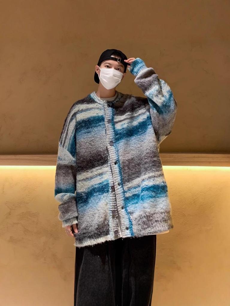 Men's Trendy Color Block Knit Sweater - Autumn/Winter Warm Round Neck Cardigan
