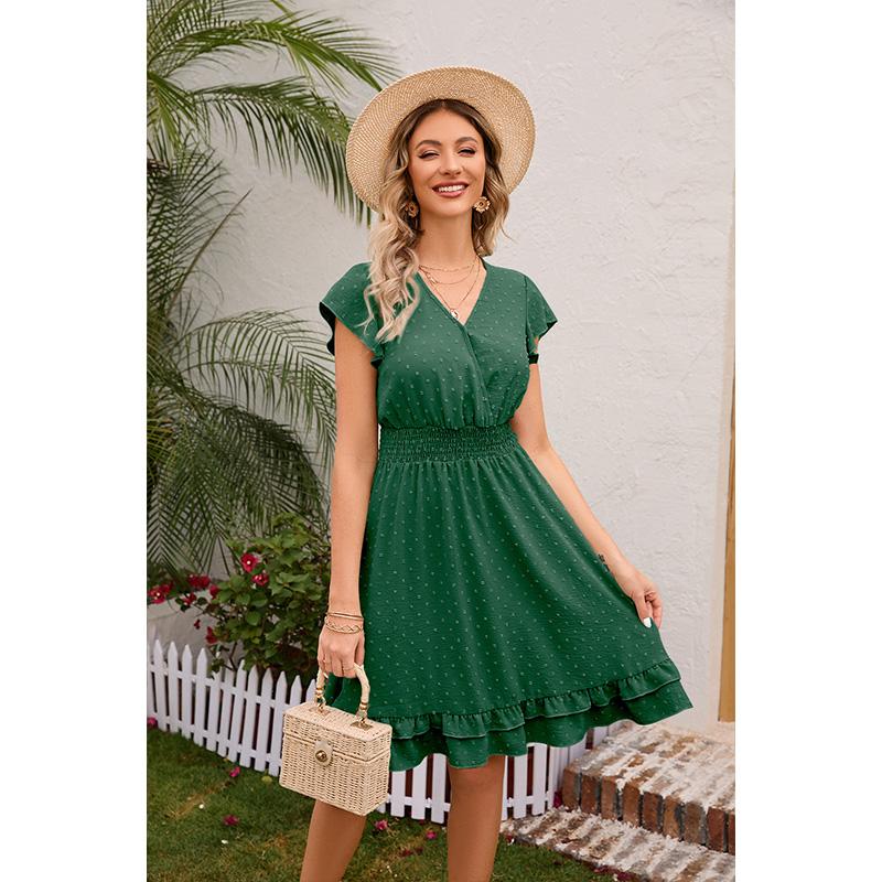Women's V-Neck Waist Belt Short Sleeve Dress Casual Summer Slimming A-Line Flowy Midi