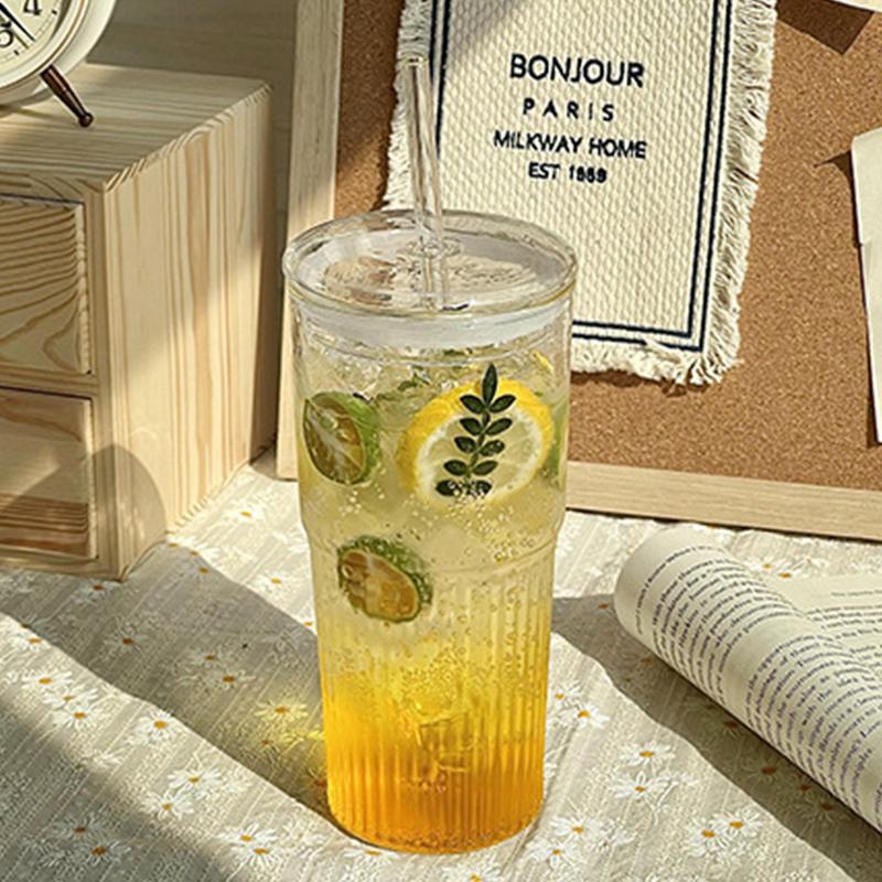 600ML Stripe Glass Cup with Lid And Straw Transparent Outdoor Drinkware for Juice Iced Coffee Water Mug 600ml