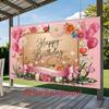 Love You Mom Birthday Party Tapestry, Pink Flower & Butterfly Photo Booth Decor