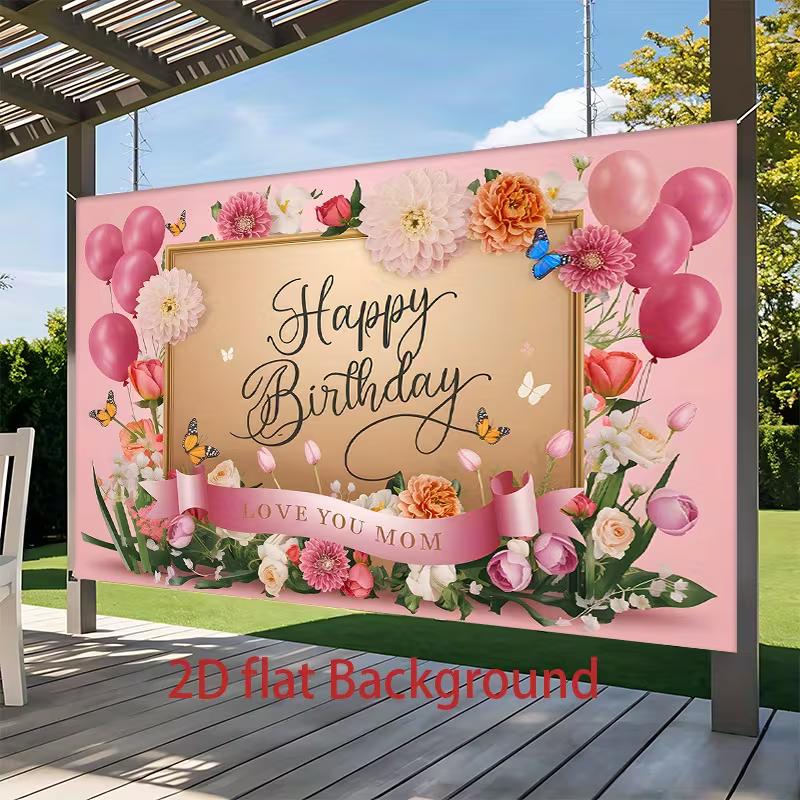 Love You Mom Birthday Party Tapestry, Pink Flower & Butterfly Photo Booth Decor