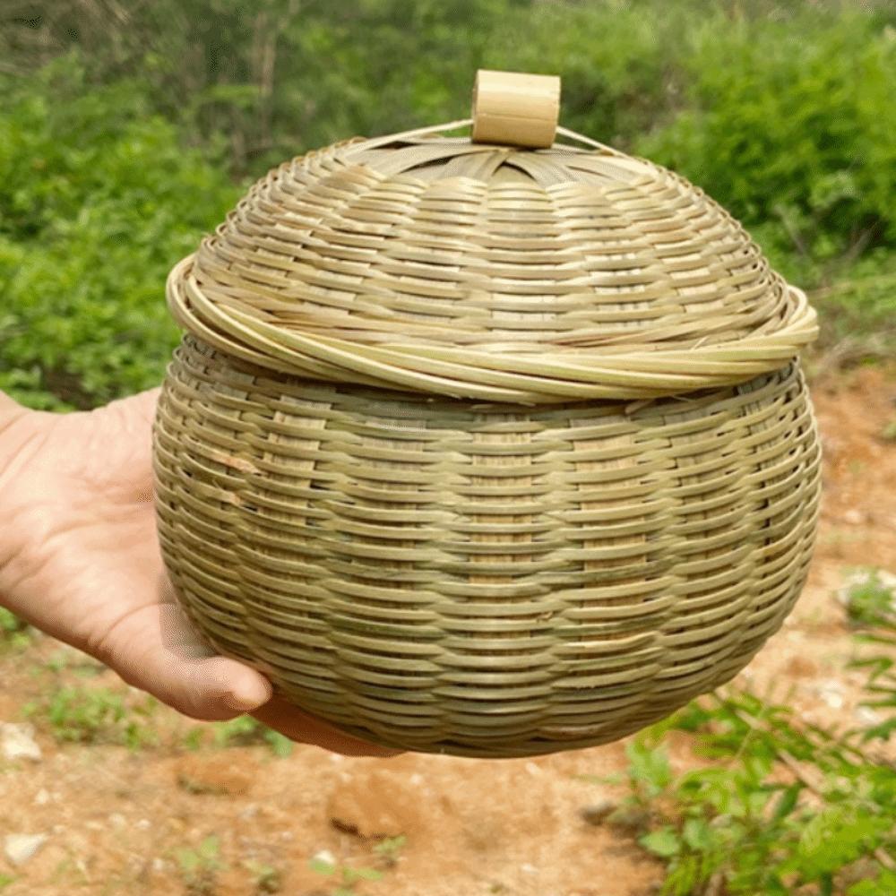 Vegetable Food Hand Woven Storage Basket Round Multi-Purpose Storage Box with Lid Durable Wicker Tray Home Organizer