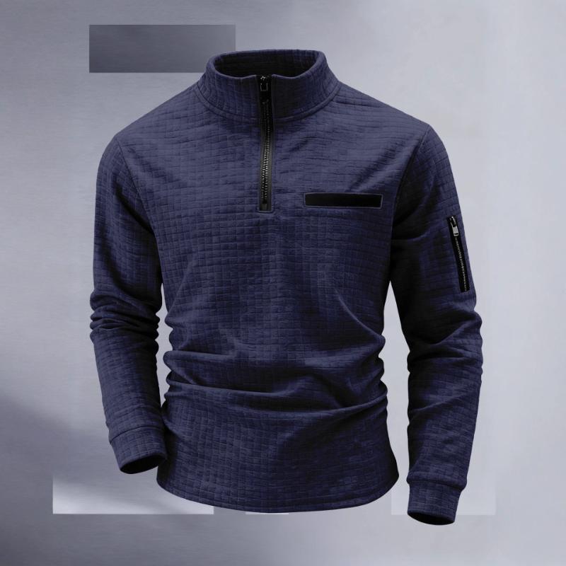 Men's Waffle Knit Quarter Zip Pullover Casual Stand Collar Long Sleeve Top With Zipper Pockets For Daily Wear