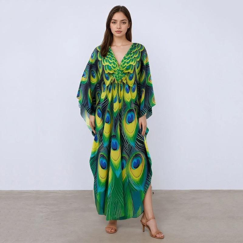 XITAO Batwing Sleeve Print Contrast Color Pullover Dress GJ1143