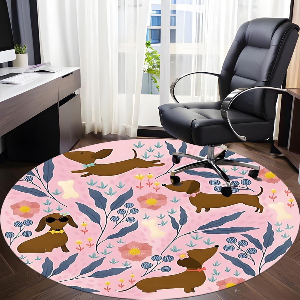 1PC Dachshund Floral Office Round Area Rug, Mat Suitable For Office, Under Office Chairs Bedroom Living Room Home Decor, Room Deco