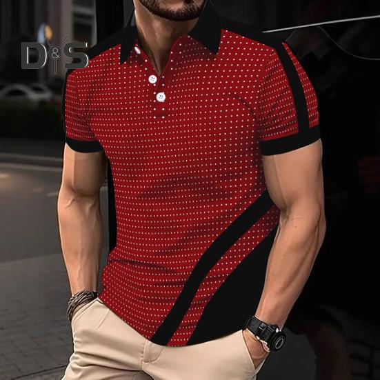 Men's Lapel T-Shirt Slim Fit Polka Dot Polyester Tee Shirt Color Block Summer Casual Short Sleeve Top for Daily Wear Sports Street