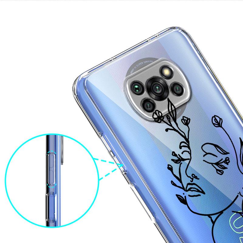 Transparente Hülle für Xiaomi Mi Poco X3 NFC M3 Pro F3 F1 11 Lite 12 Redmi Note 10 9S 8 7 9 Weiche Handyhülle Liebeslinie Blume