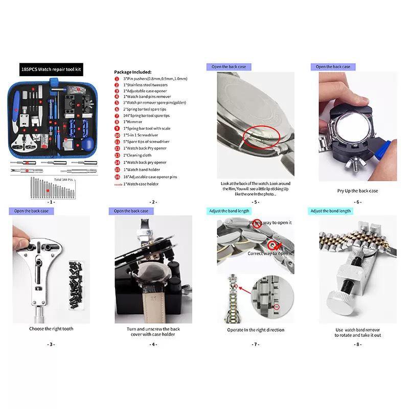 185-Piece Watch Repair Tool Set with Blue Bag: Case Opener & Strap Removal Tools