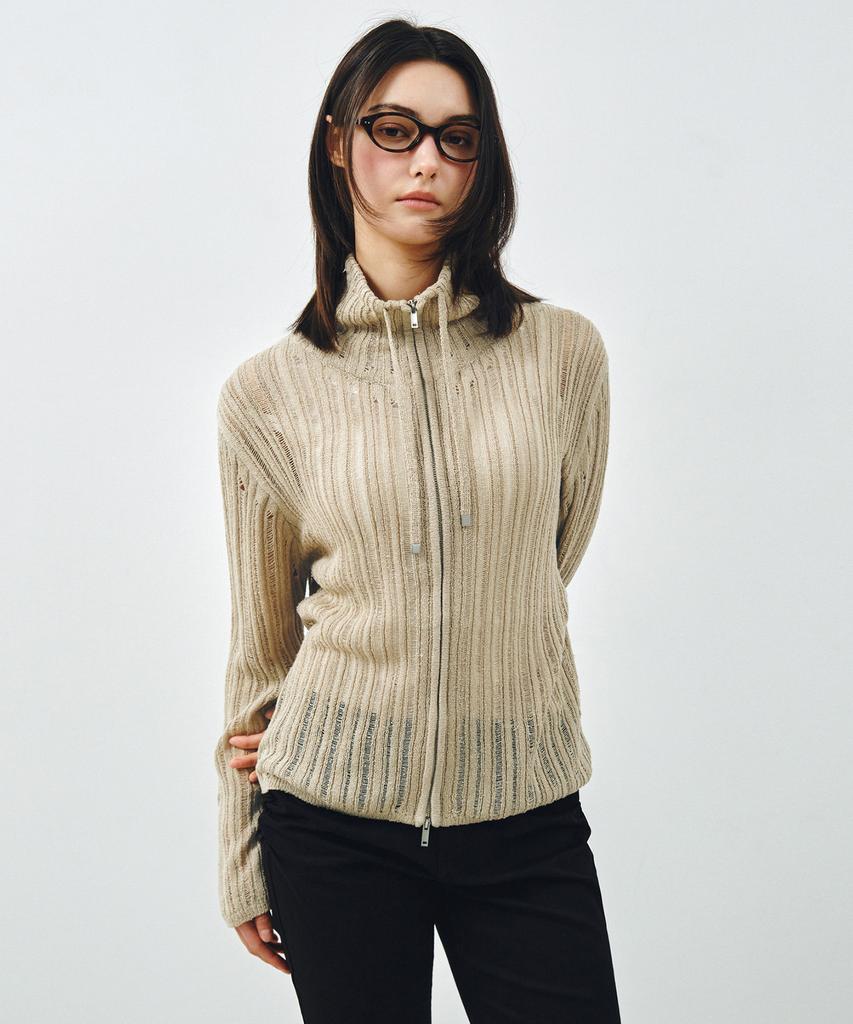 Mongdol Sheer Texture Knit Zip-Up Cardigan Beige Mdcd055Beige