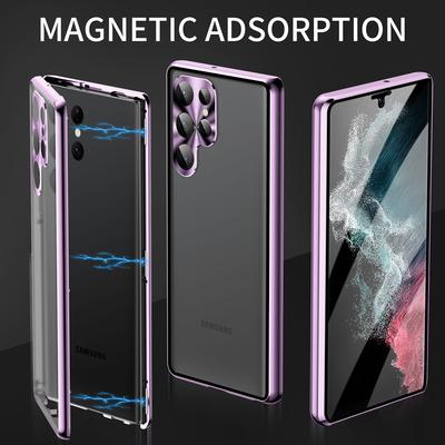 Samsung Galaxy S22 Ultra 5G Telefon Kılıfı Çift Taraflı Temperli Cam+Manyetik Metal Çerçeve Kilit Tokalı Kapak