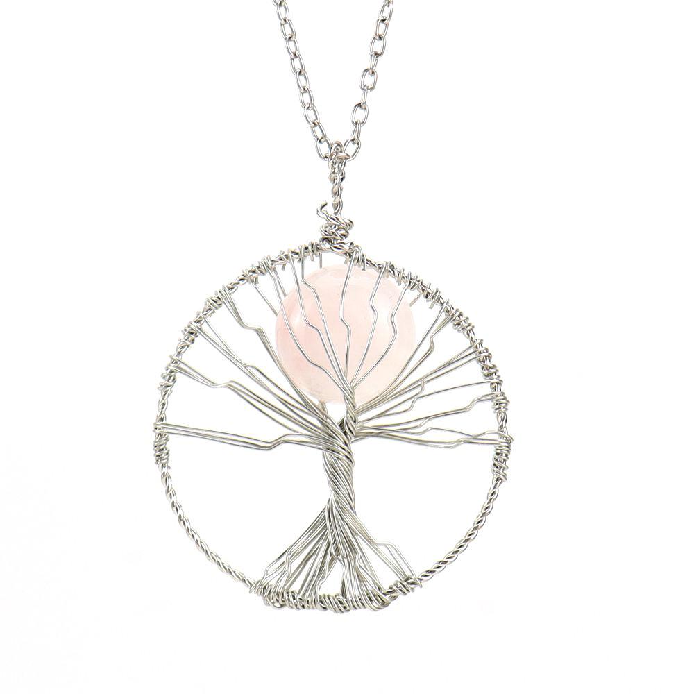 Hand-Wrapped Natural Crystal Agate Disc Tree Of Life Pendant Necklace N116