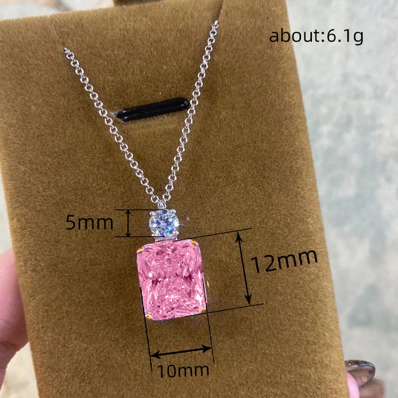 Square Shaped Pink Crystal Cubic Zirconia Necklace for Trend Party Two Tone Plated Pendant Necklaces for Women