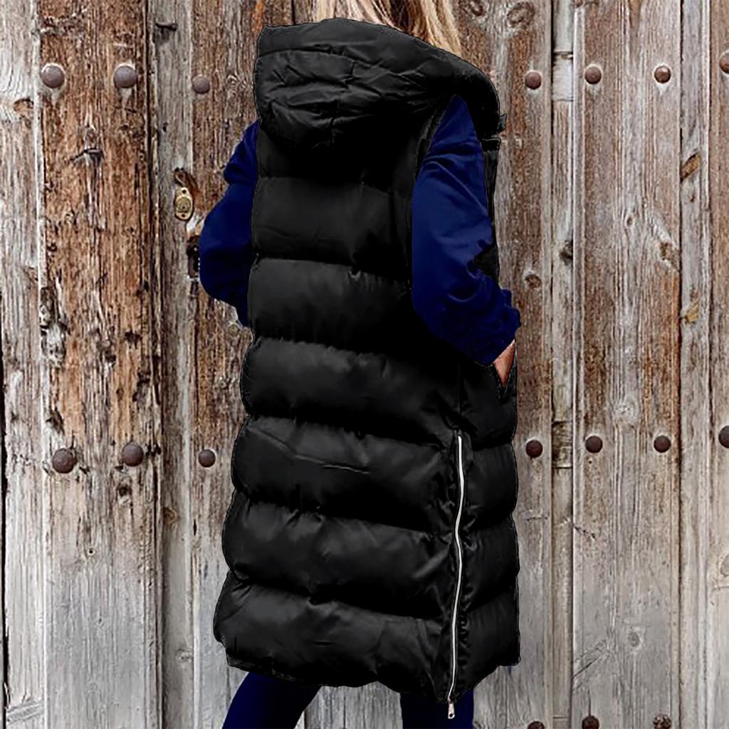 Womens Ladies Warm Plus Size Solid Color Hooded Single Breasted Medium Length Cotton Jacket Waistcoat Slim Cardigan Coat